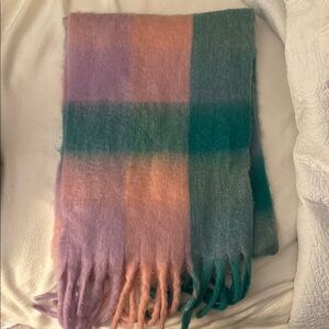 oversized pink and green plaid fringe scarf